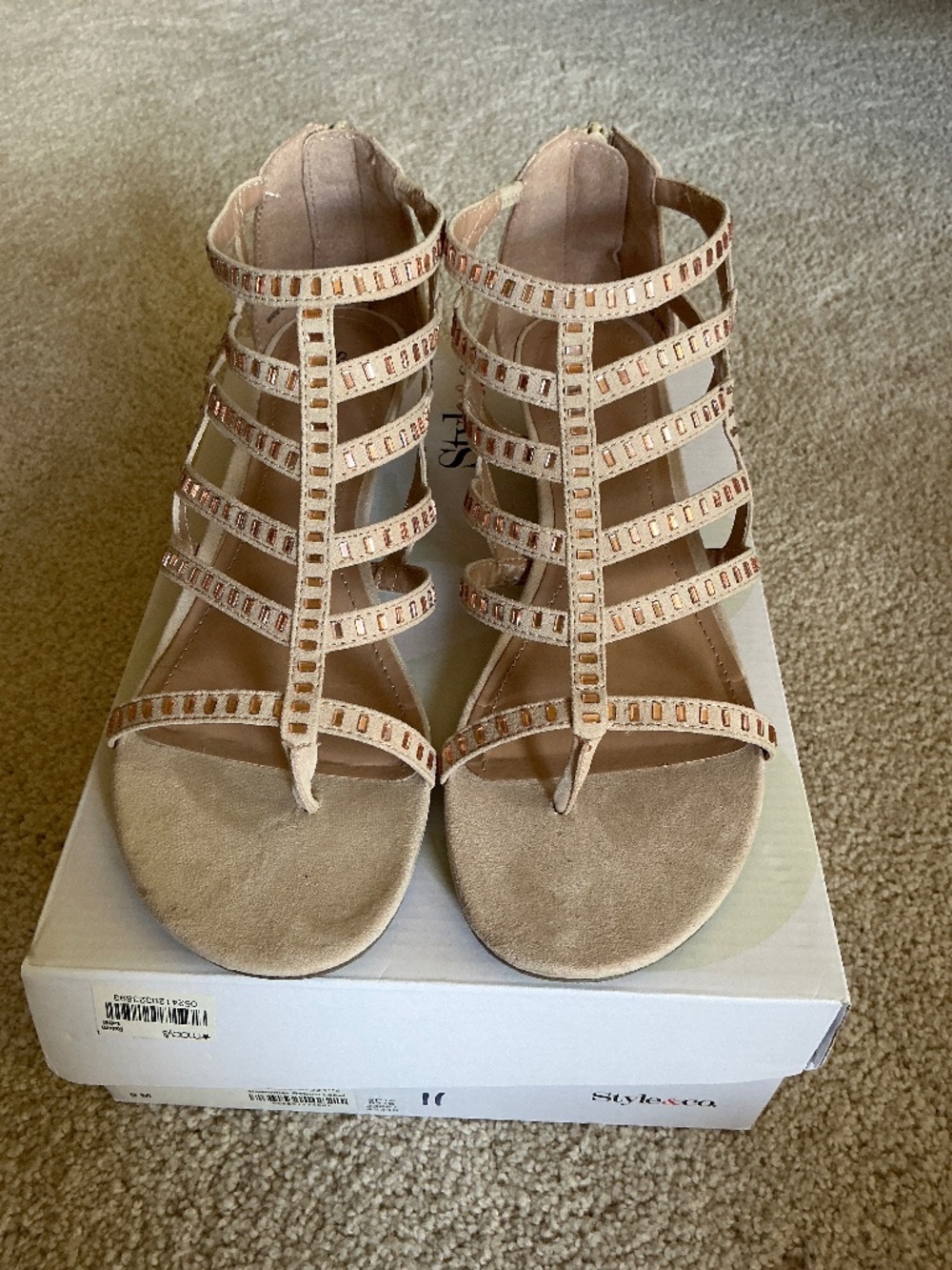 Size 9 beige wedge sandal with rose gold accents